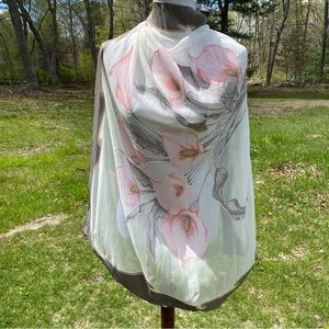BASILE SCARF WHITE GRAY PINK TAN FLORAL PEACE LILY SHEER SILK ITALY LARGE SQUARE